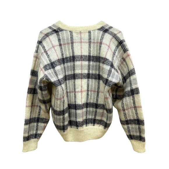 Vintage Premier Cardigan Fuzzy Mohair Plaid Preppy Academia Cream Pink Gray M - Picture 2 of 5